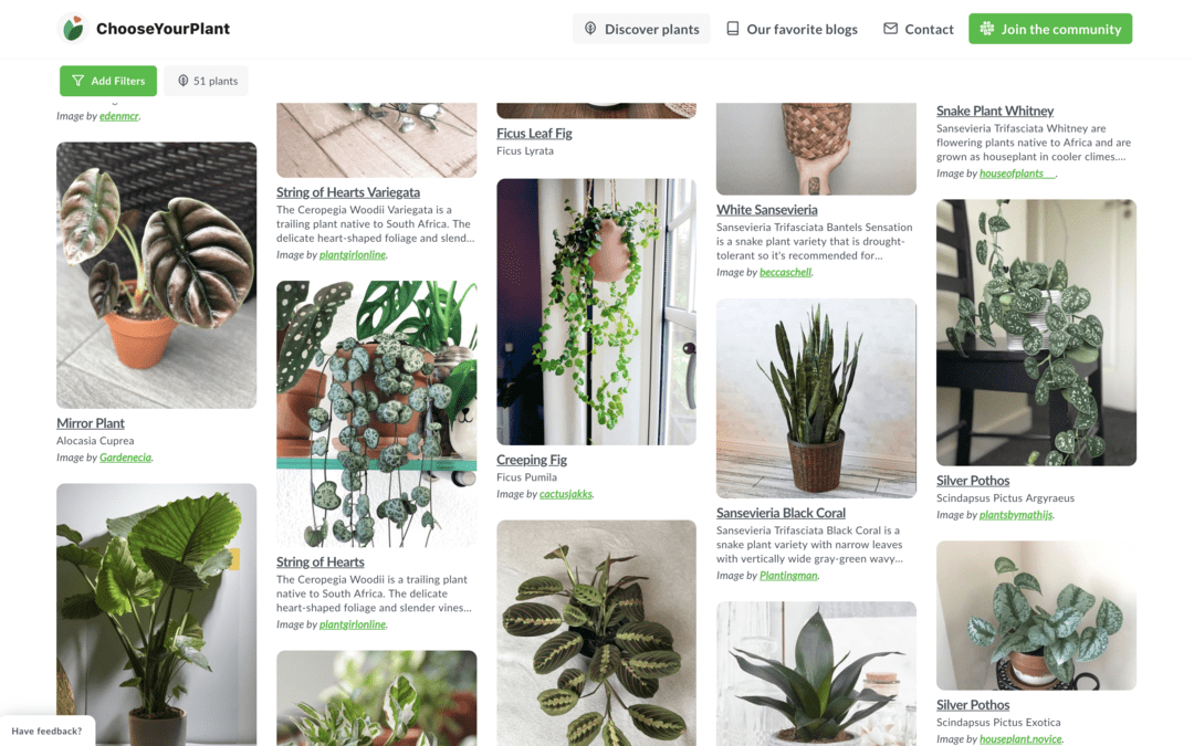 A lot of plants of ChooseYourPlant shown using the masonry style