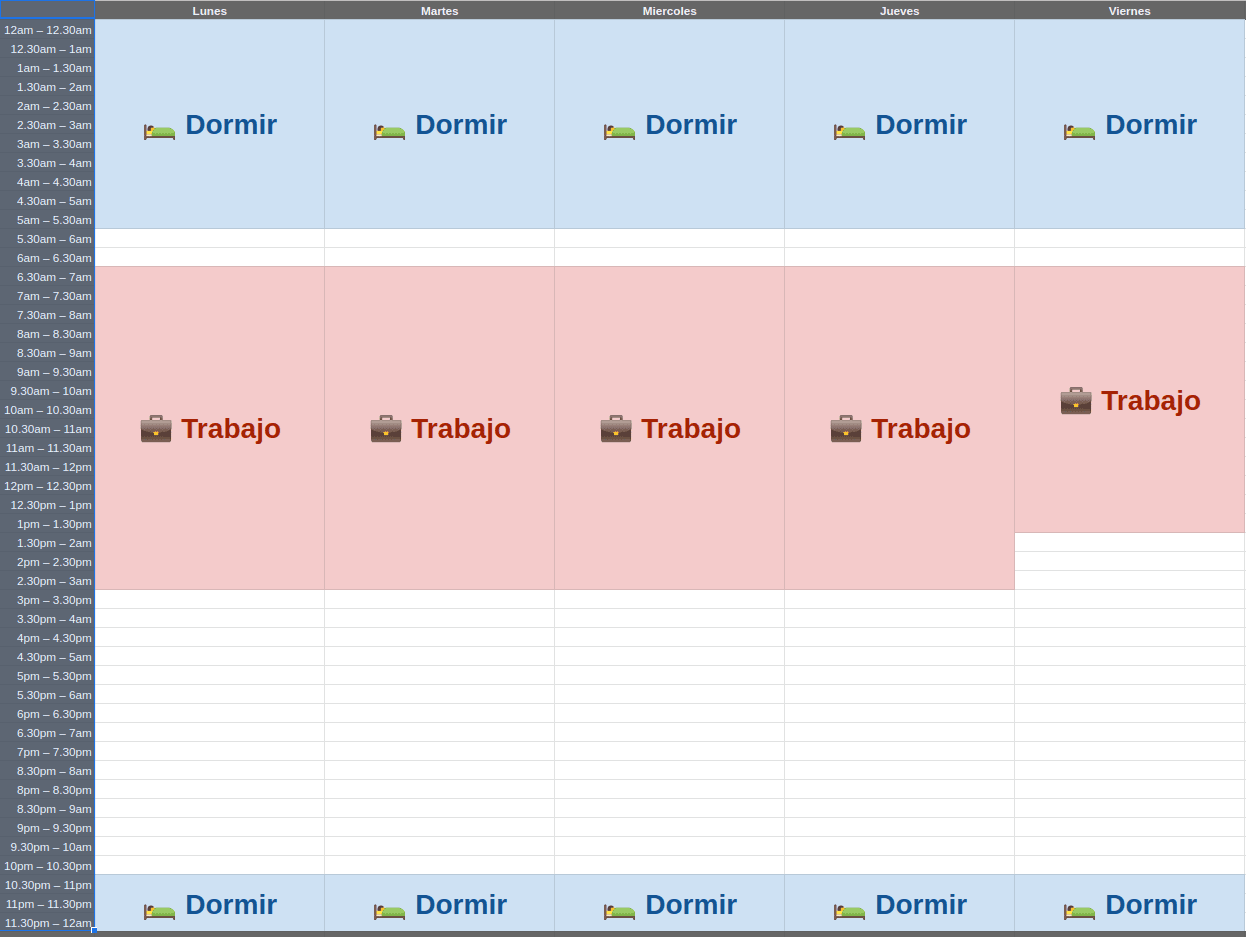 Calendario semanal con las horas planificadas hasta ahora y las horas de descanso