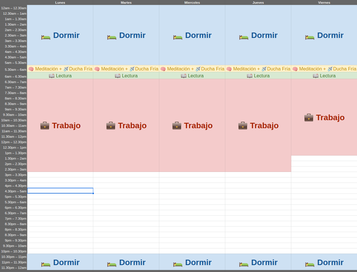 Calendario semanal con las horas planificadas hasta ahora y la rutina matutina