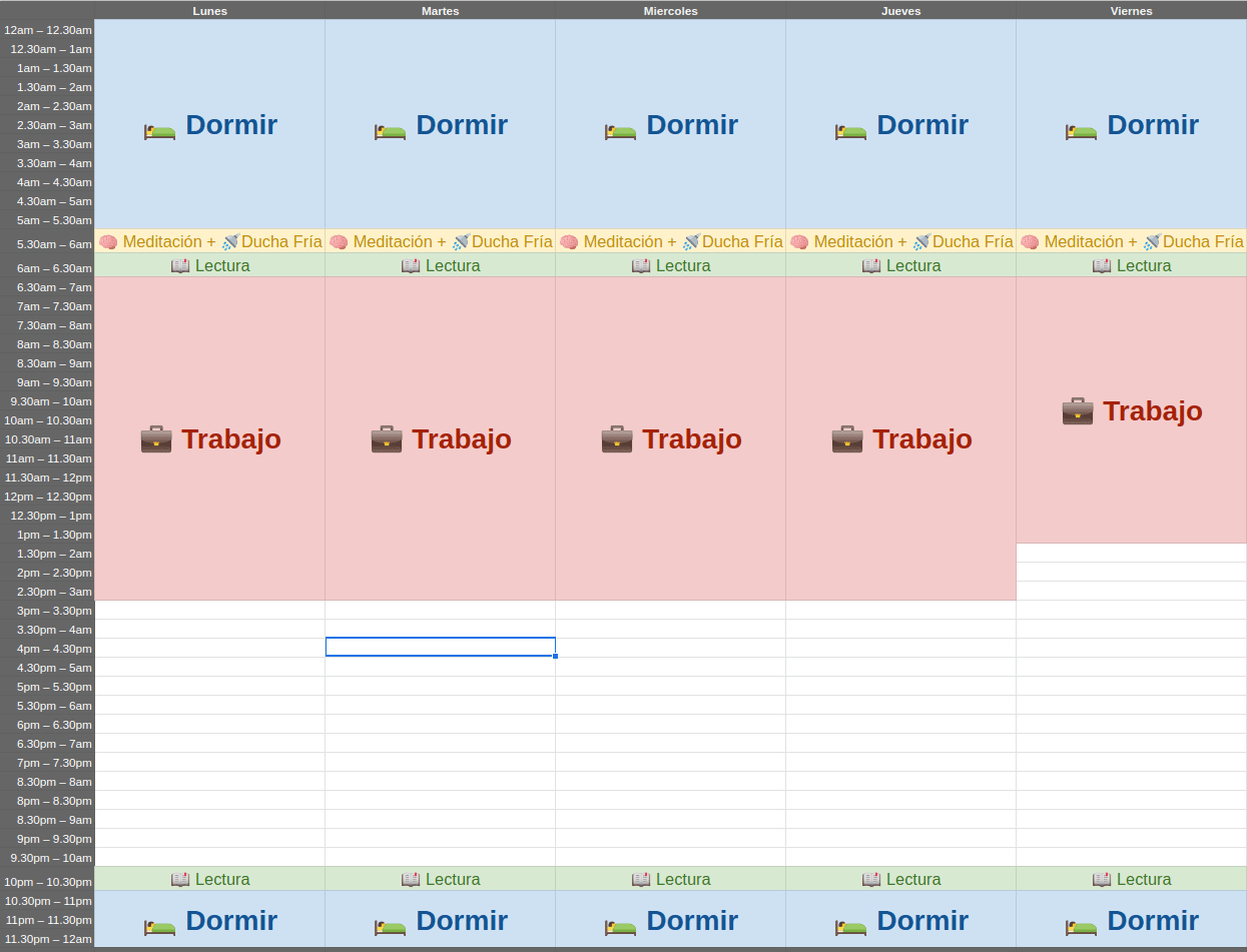 Calendario semanal con las horas planificadas hasta ahora y la rutina de antes de ir a dormir