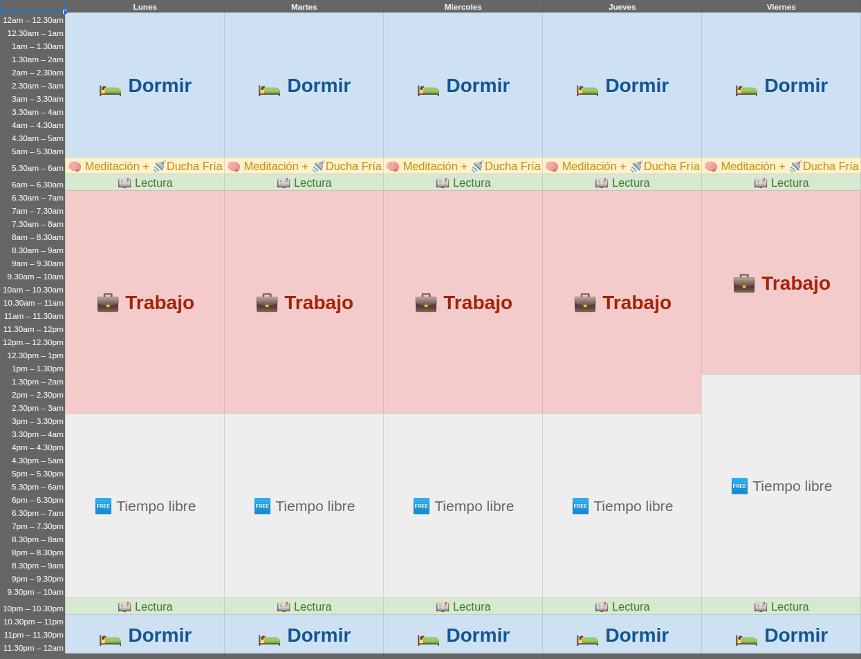 Calendario semanal con las horas planificadas hasta ahora con las horas que tenemos al día para hacer algo