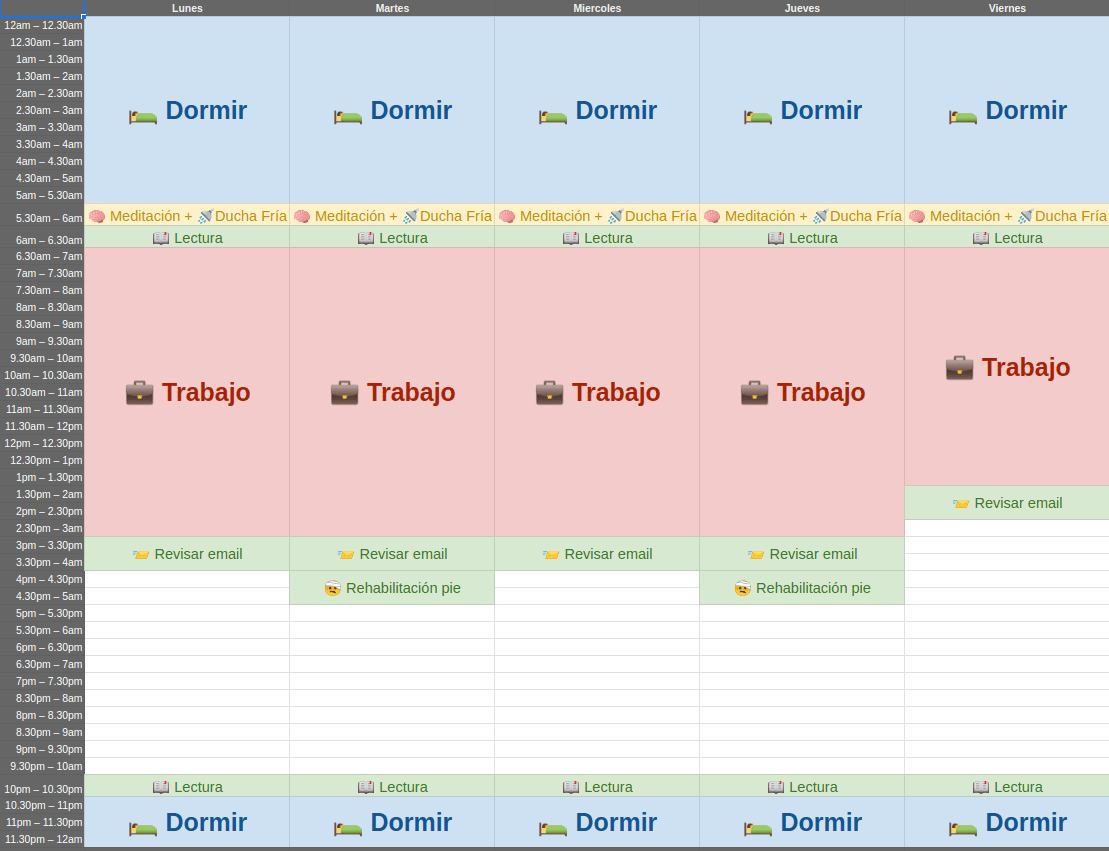 Calendario semanal con las horas planificadas hasta ahora y las cosas que hemos de hacer si o si