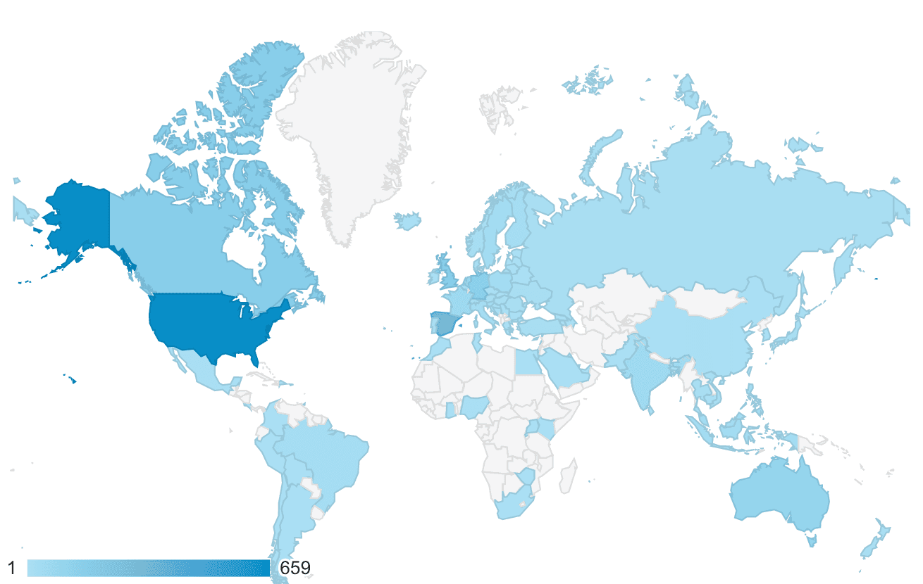 World map colored with different intensities that represent the people that use ChooseYourPlant and USA is the most intense.