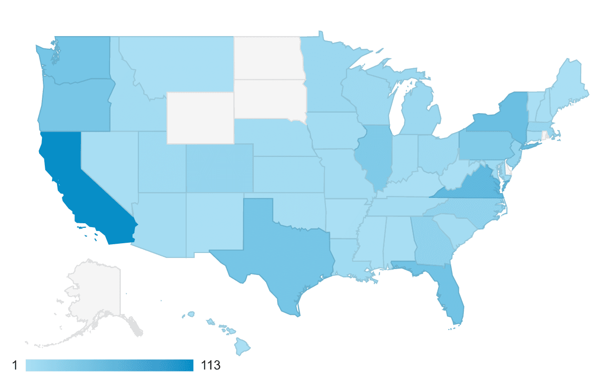 US map colored with different intensities that represent the people that use ChooseYourPlant. California, Florida and New York are the most intense.