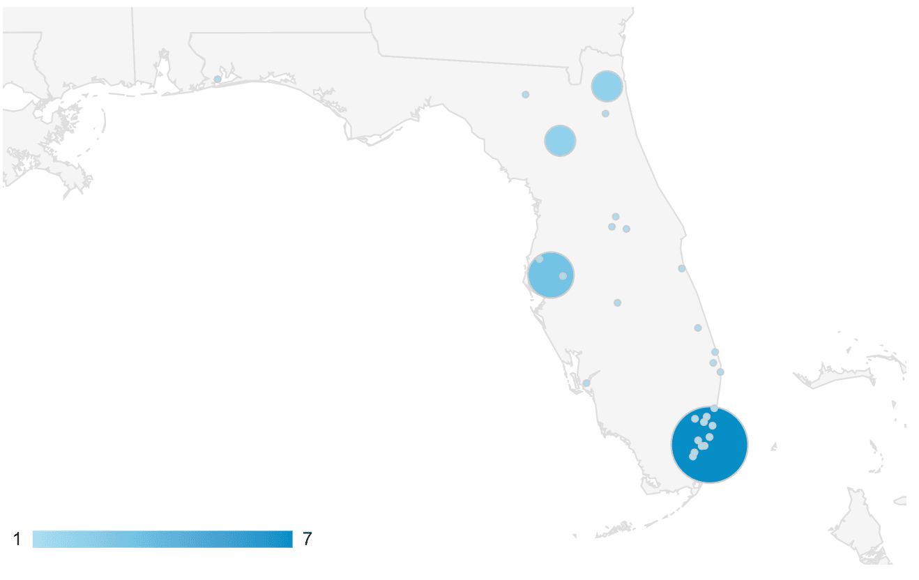 Map that shows that the majority of the users that use ChooseYourPlant in Florida are from Miami.